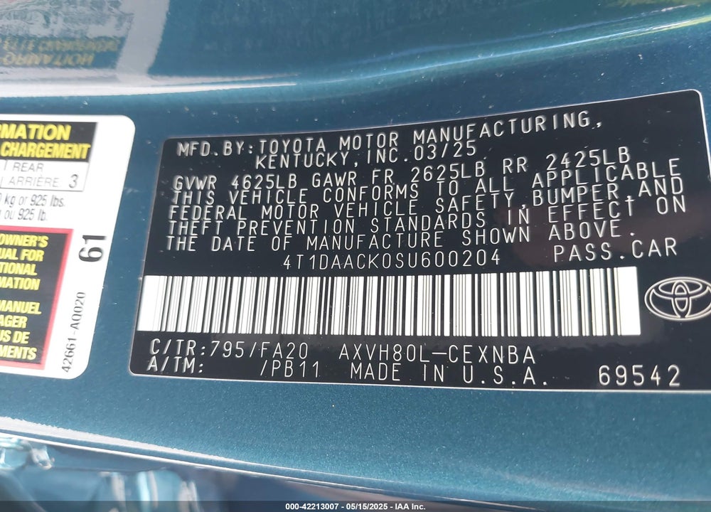 2025 TOYOTA CAMRY VIN: 4T1DAACK0SU600204