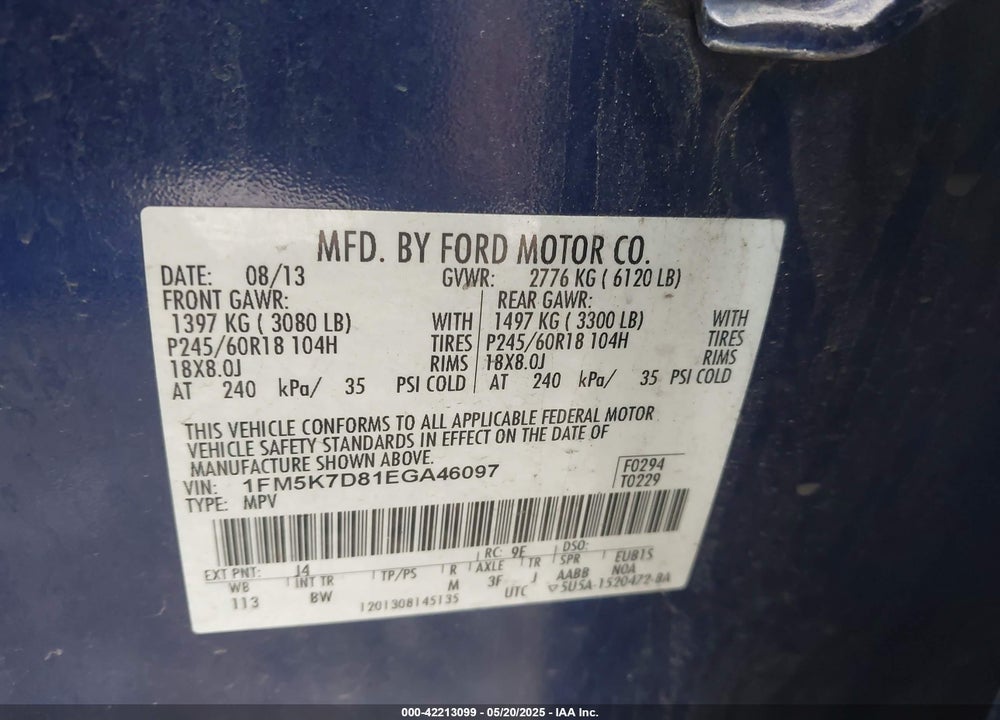 2014 FORD EXPLORER VIN: 1FM5K7D81EGA46097