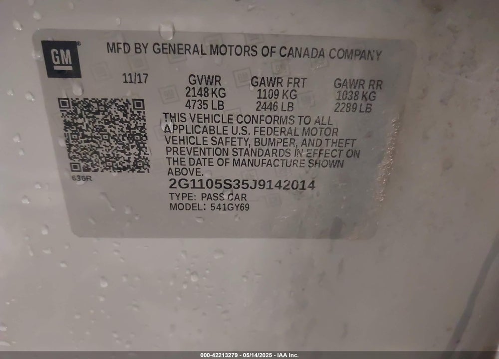 2018 CHEVROLET IMPALA VIN: 2G1105S35J9142014