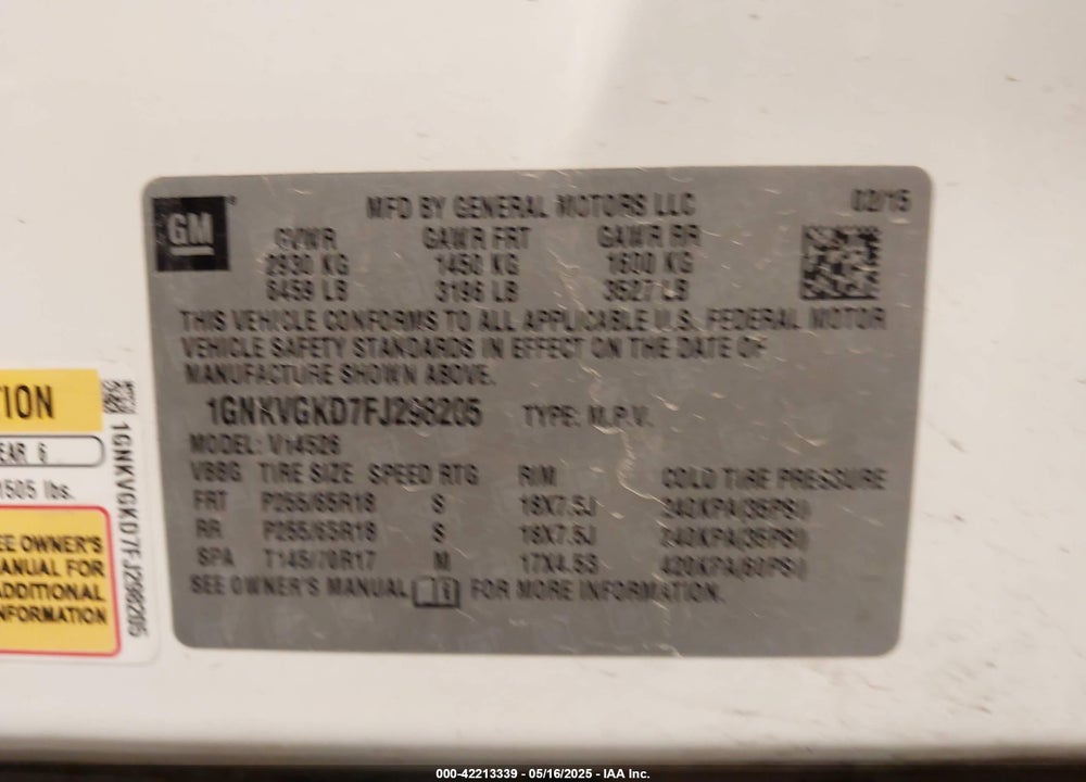 2015 CHEVROLET TRAVERSE 1LT VIN: 1GNKVGKD7FJ298205