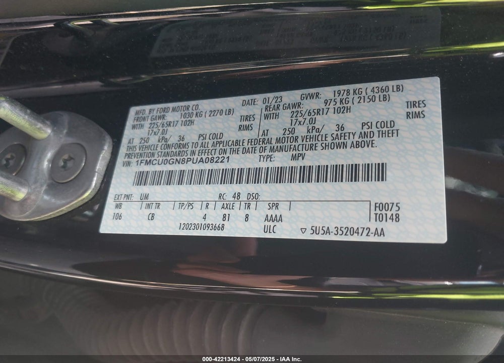 2023 FORD ESCAPE ACTIVE VIN: 1FMCU0GN8PUA08221