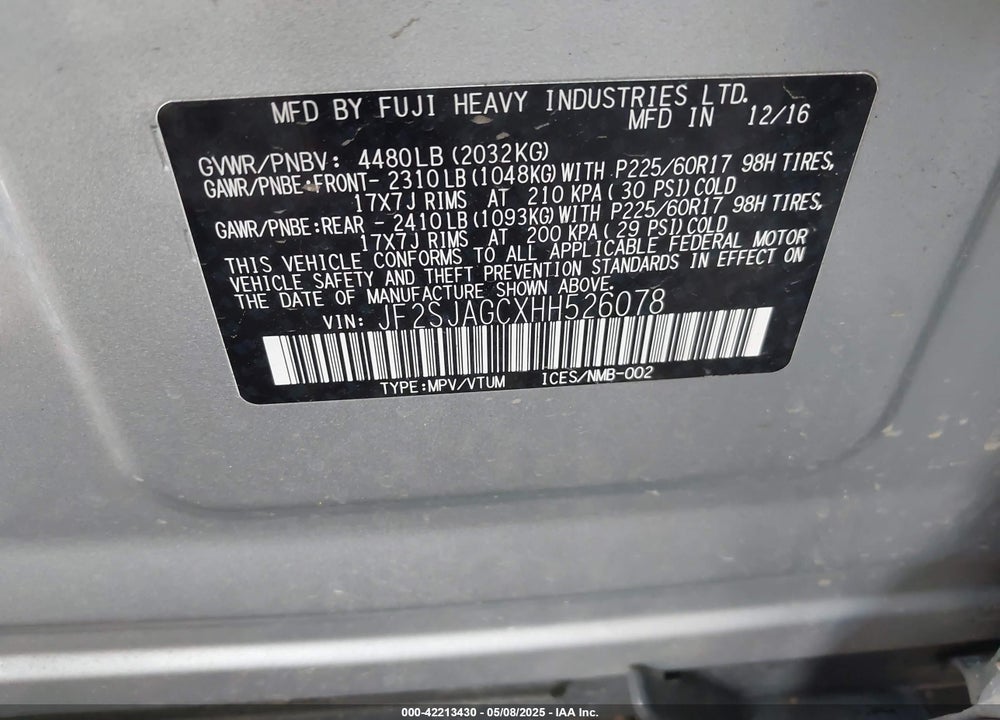 2017 SUBARU FORESTER VIN: JF2SJAGCXHH526078