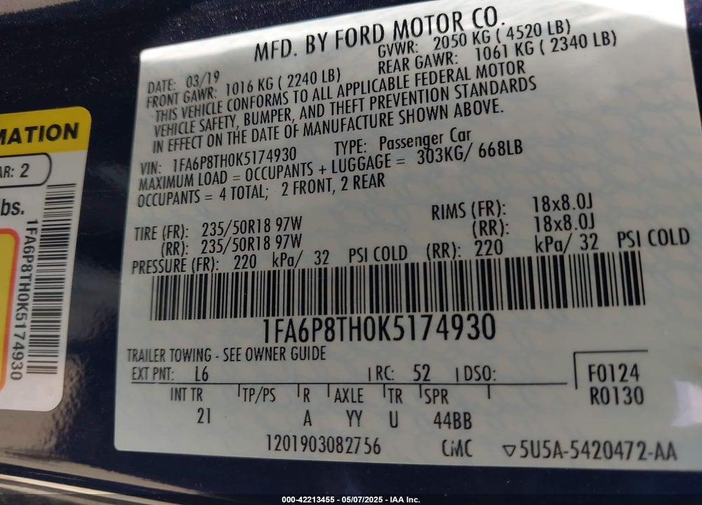 2019 FORD MUSTANG ECOBOOST VIN: 1FA6P8TH0K5174930