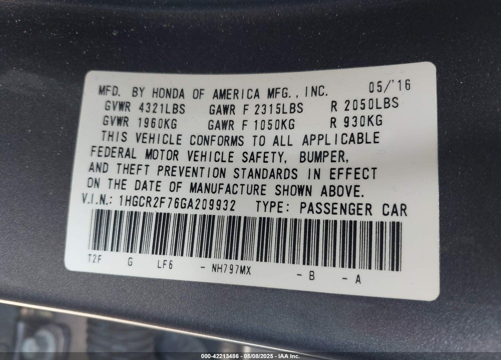 2016 HONDA ACCORD VIN: 1HGCR2F76GA209932