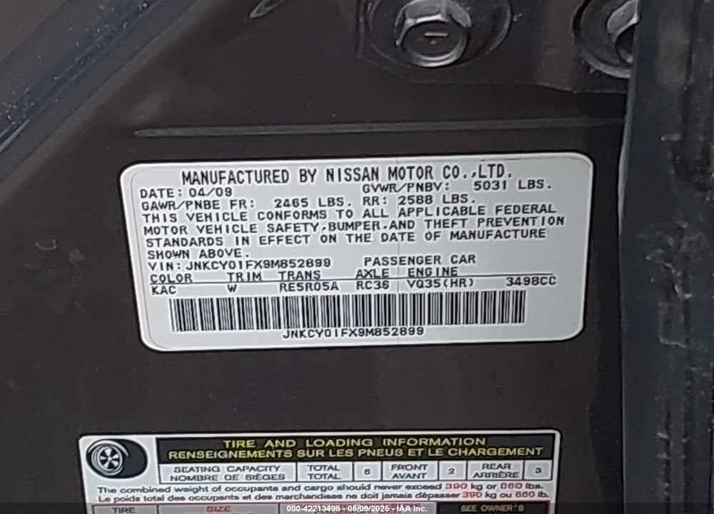 2009 INFINITI M35X VIN: JNKCY01FX9M852899