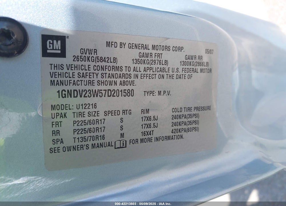 2007 CHEVROLET UPLANDER LS VIN: 1GNDV23W57D201580