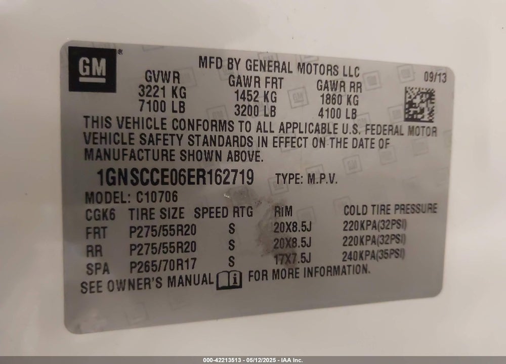 2014 CHEVROLET TAHOE VIN: 1GNSCCE06ER162719