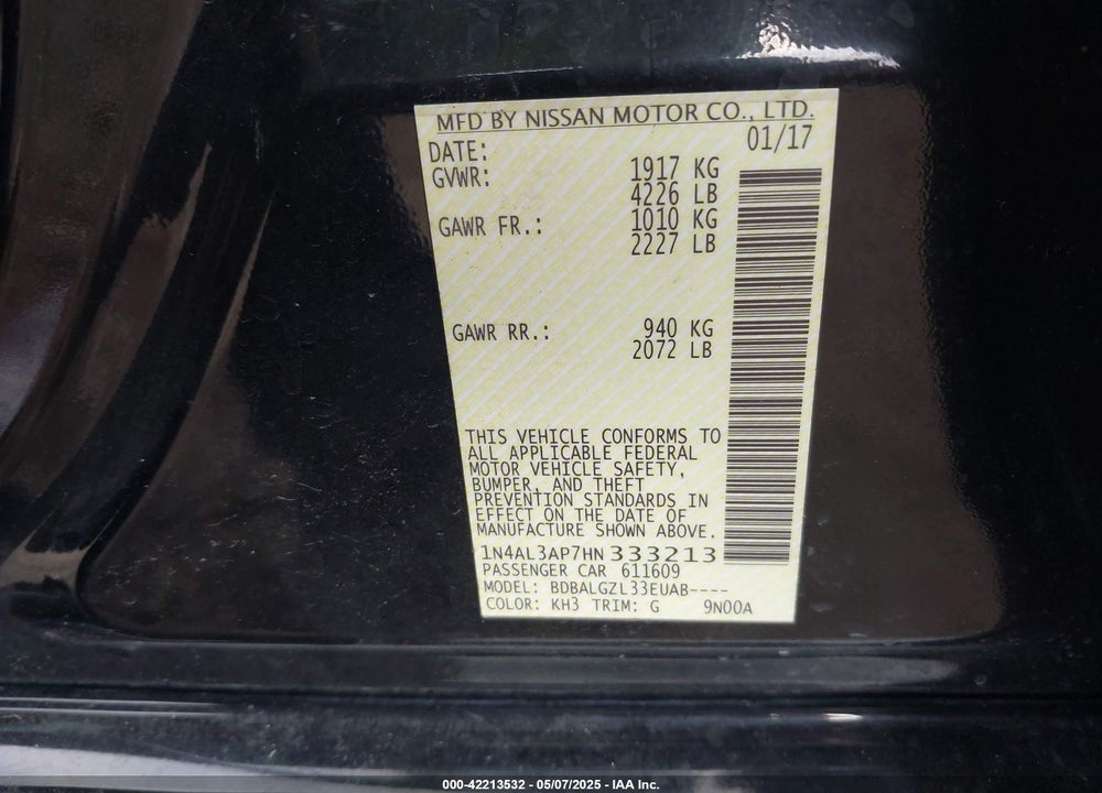 2017 NISSAN ALTIMA 2.5 S VIN: 1N4AL3AP7HN333213