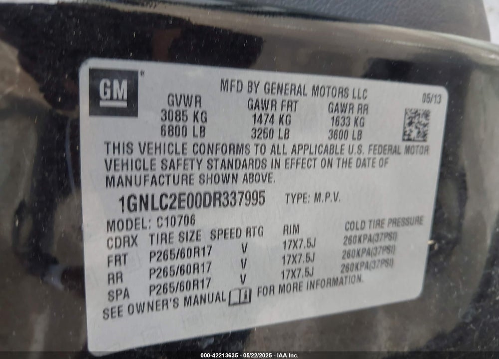 2013 CHEVROLET TAHOE VIN: 1GNLC2E00DR337995