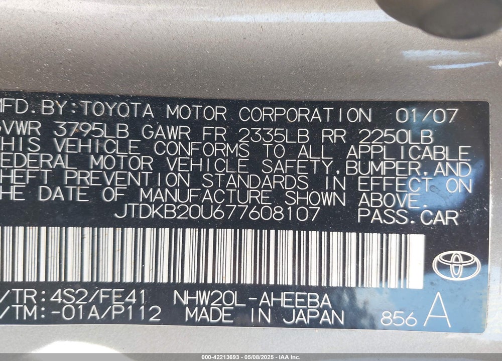 2007 TOYOTA PRIUS VIN: JTDKB20U677608107