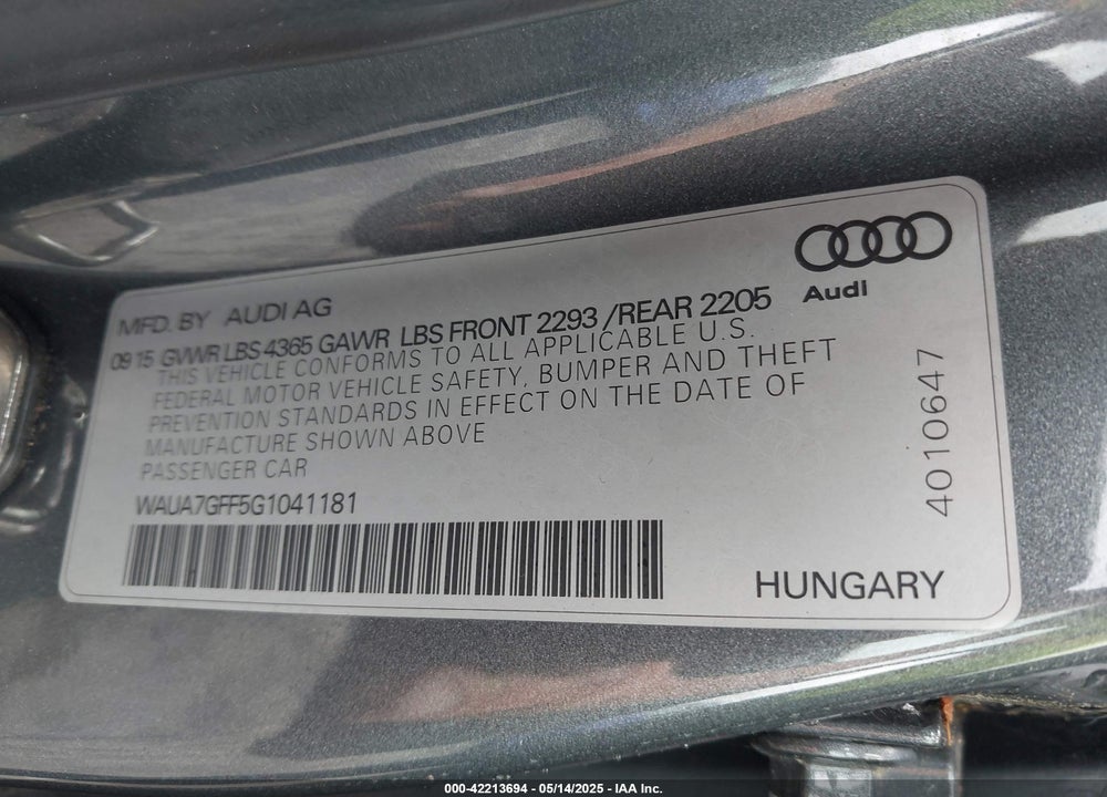 2016 AUDI A3 VIN: WAUA7GFF5G1041181