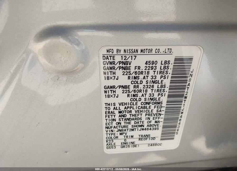 2018 NISSAN ROGUE SL VIN: JN8AT2MT1JW464395