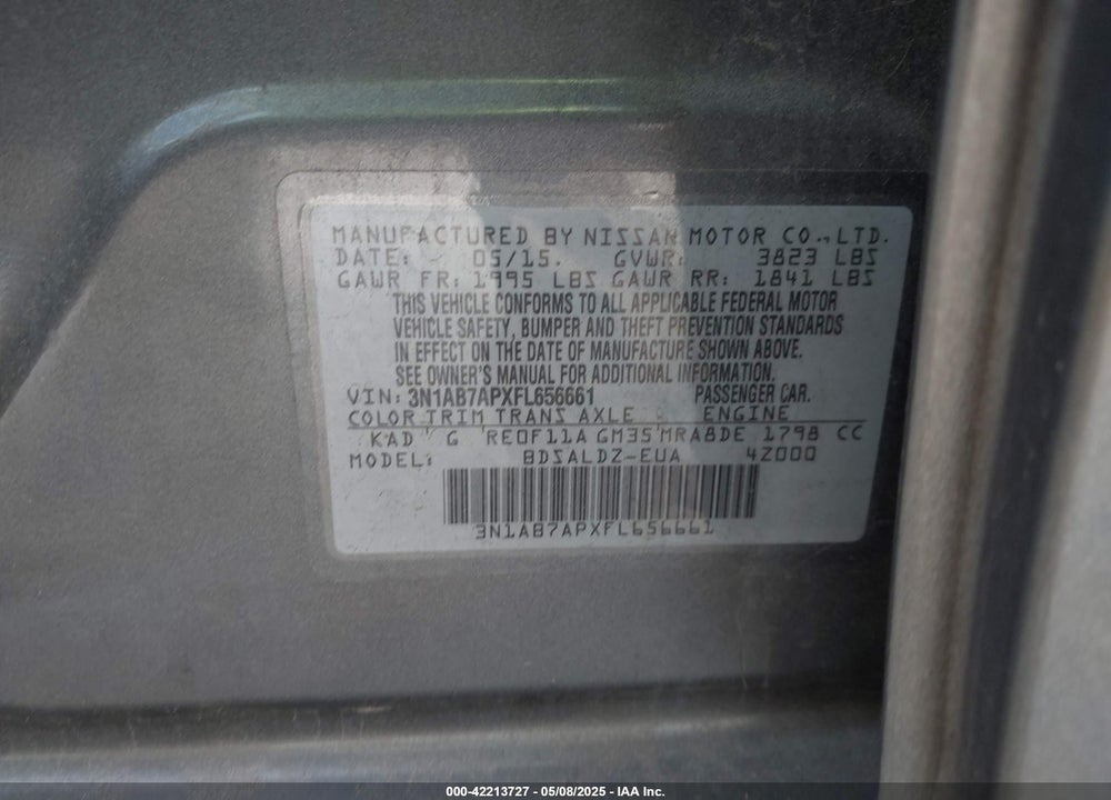 2015 NISSAN SENTRA FE+ S/S/SL/SR/SV VIN: 3N1AB7APXFL656661