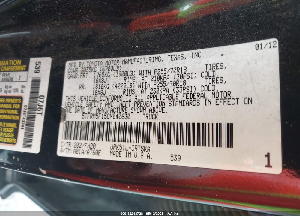 2012 TOYOTA TUNDRA VIN: 5TFRM5F15CX040630