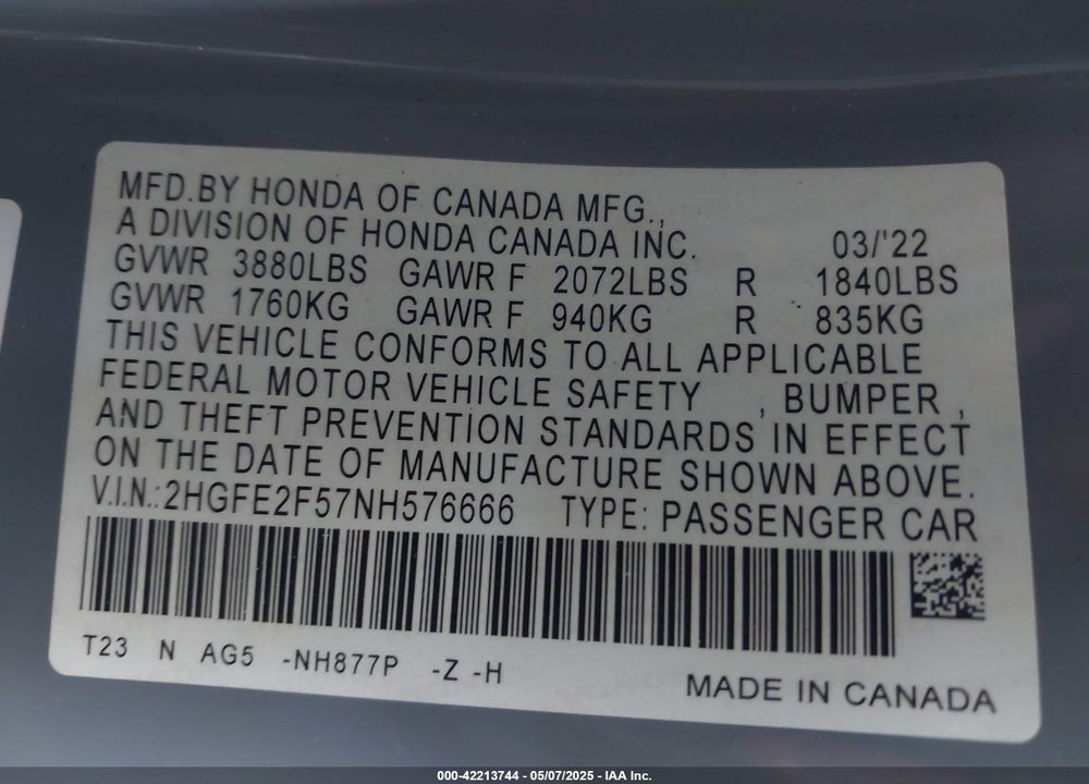 2022 HONDA CIVIC SPORT VIN: 2HGFE2F57NH576666