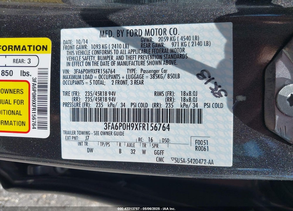 2015 FORD FUSION VIN: 3FA6P0H9XFR156764