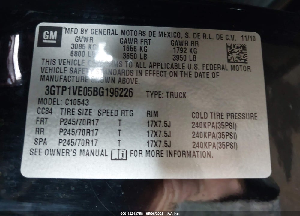 2011 GMC SIERRA 1500 VIN: 3GTP1VE05BG196226