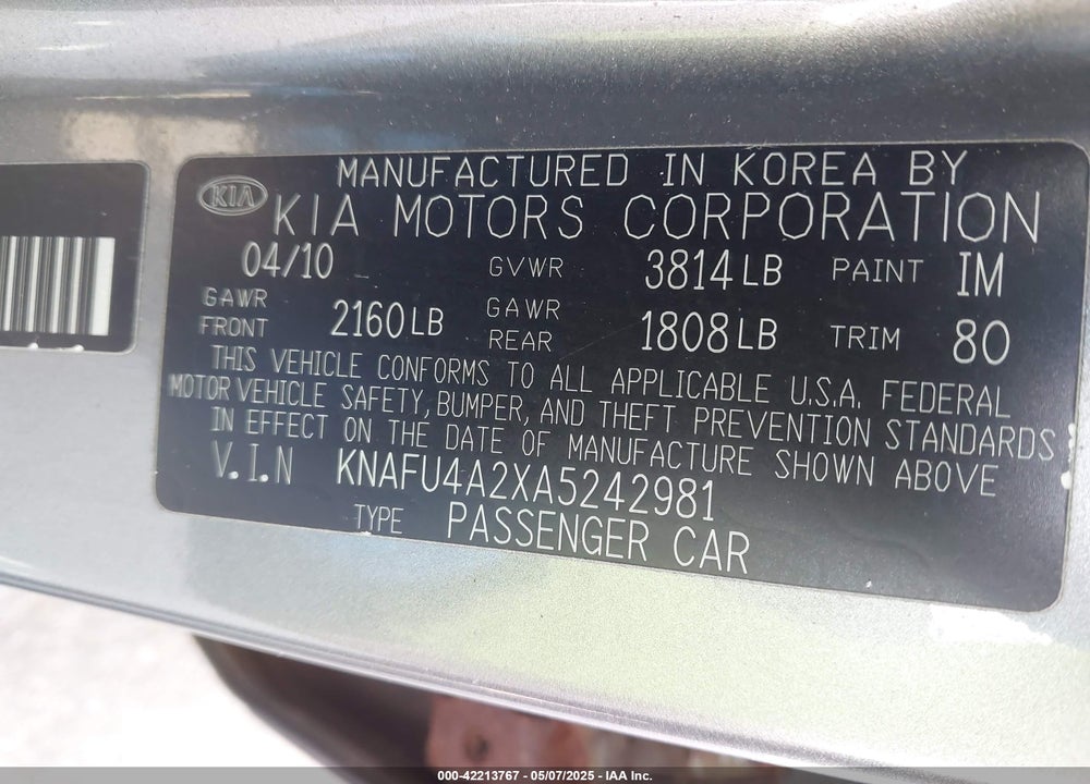 2010 KIA FORTE EX VIN: KNAFU4A2XA5242981