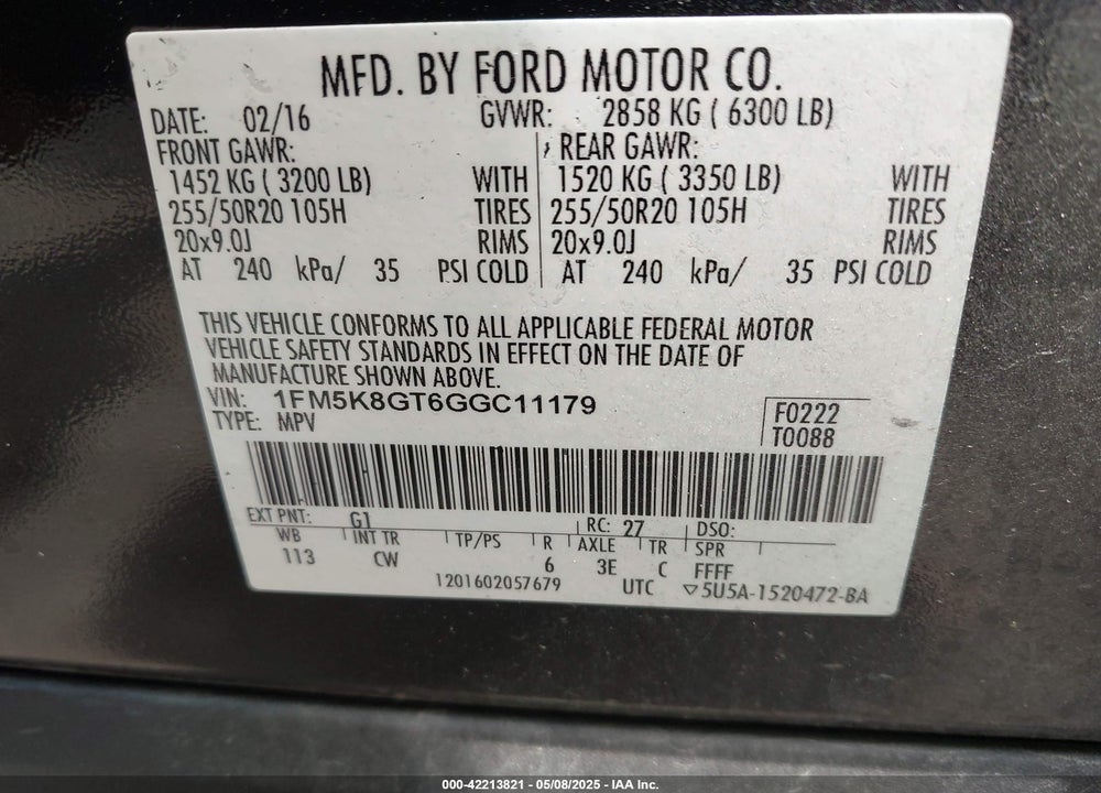 2016 FORD EXPLORER SPORT VIN: 1FM5K8GT6GGC11179
