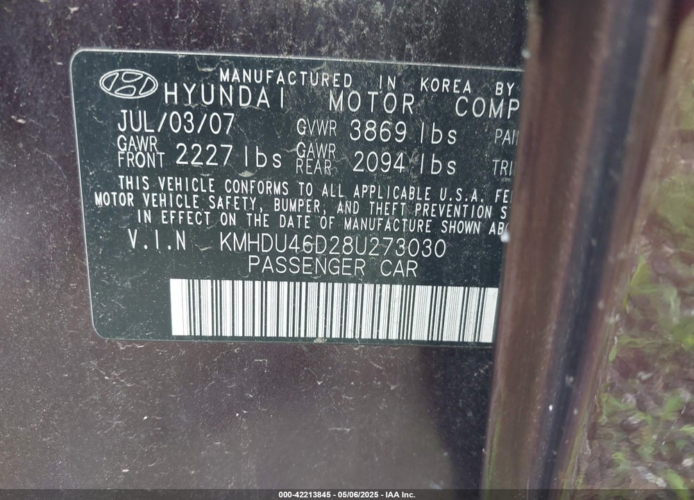 2008 HYUNDAI ELANTRA VIN: KMHDU46D28U273030