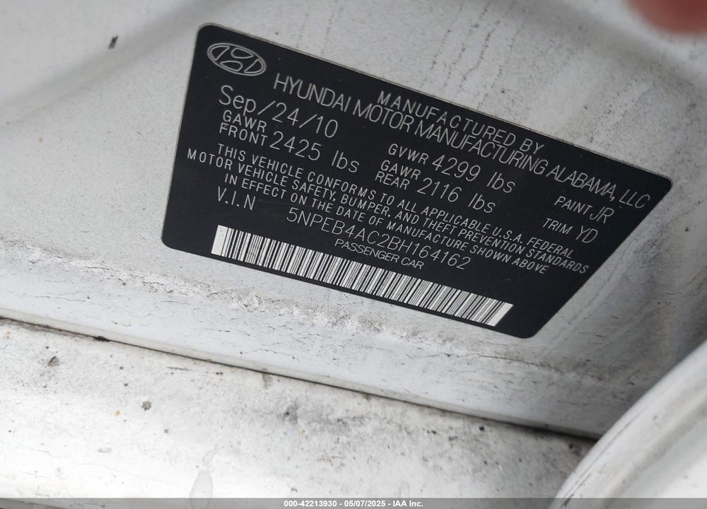2011 HYUNDAI SONATA GLS VIN: 5NPEB4AC2BH164162