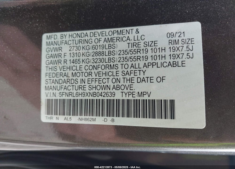 2022 HONDA ODYSSEY ELITE VIN: 5FNRL6H9XNB042639