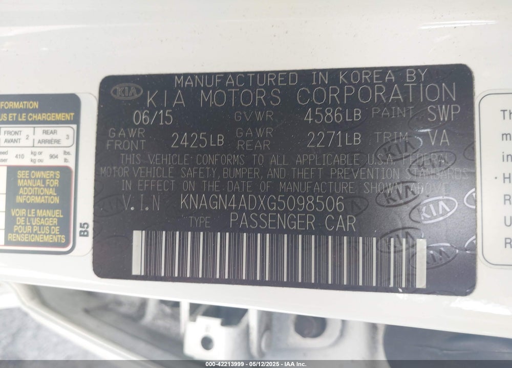2016 KIA OPTIMA HYBRID VIN: KNAGN4ADXG5098506