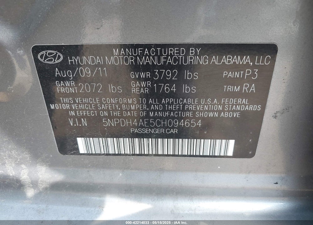 2012 HYUNDAI ELANTRA LIMITED VIN: 5NPDH4AE5CH094654