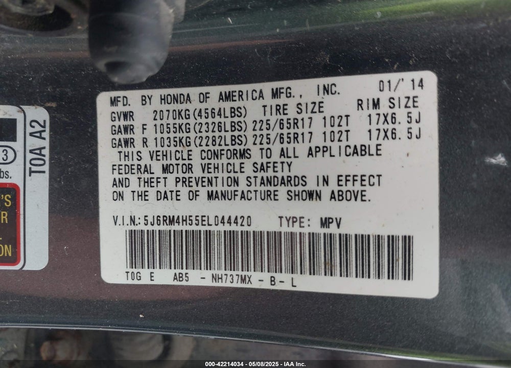 2014 HONDA CR-V VIN: 5J6RM4H55EL044420