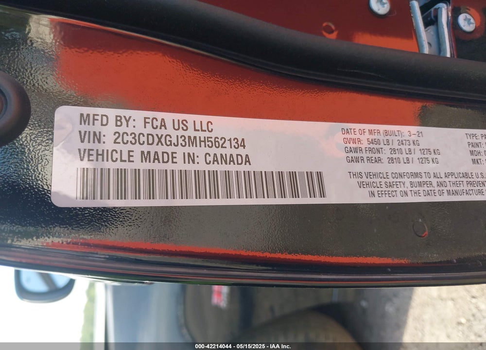 2021 DODGE CHARGER VIN: 2C3CDXGJ3MH562134