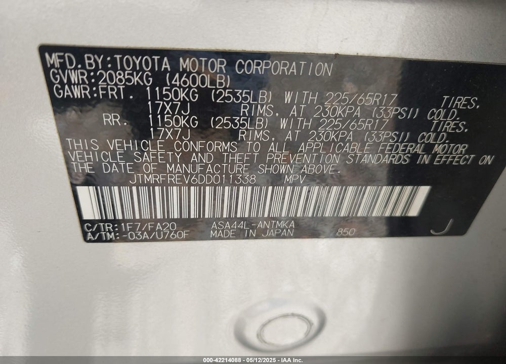 2013 TOYOTA RAV4 VIN: JTMRFREV6DD011338