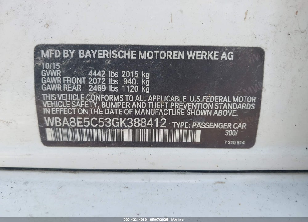 2016 BMW 328D VIN: WBA8E5C53GK388412