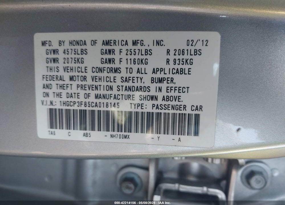 2012 HONDA ACCORD VIN: 1HGCP3F85CA018145