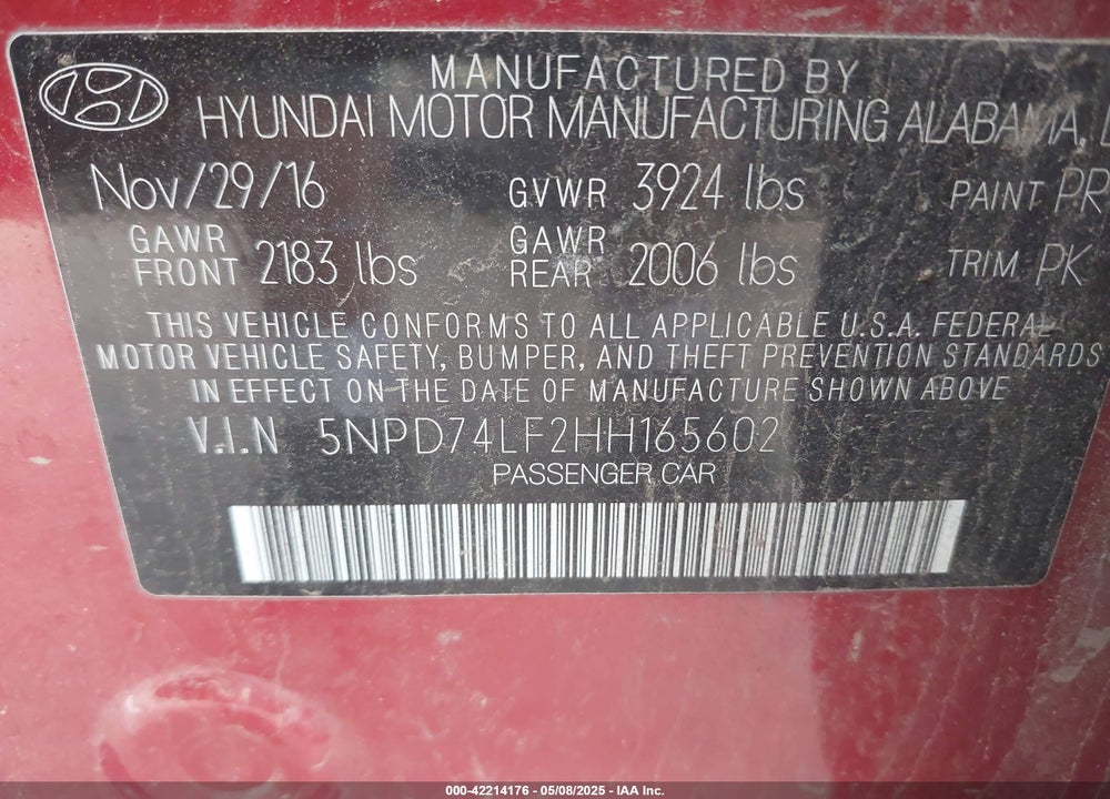 2017 HYUNDAI ELANTRA SE VIN: 5NPD74LF2HH165602