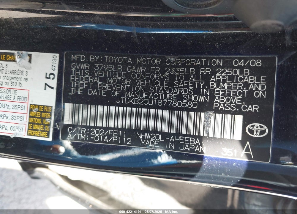 2008 TOYOTA PRIUS VIN: JTDKB20U187780580