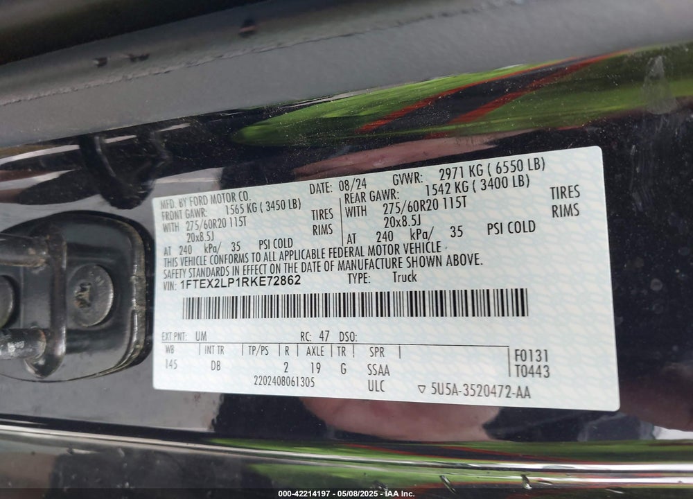 2024 FORD F-150 VIN: 1FTEX2LP1RKE72862
