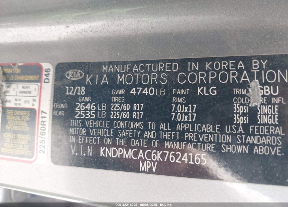 2019 KIA SPORTAGE VIN: KNDPMCAC6K7624165
