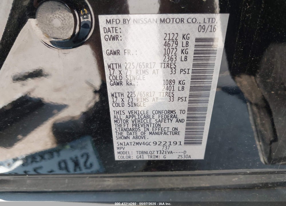 2016 NISSAN ROGUE VIN: 5N1AT2MV4GC922191