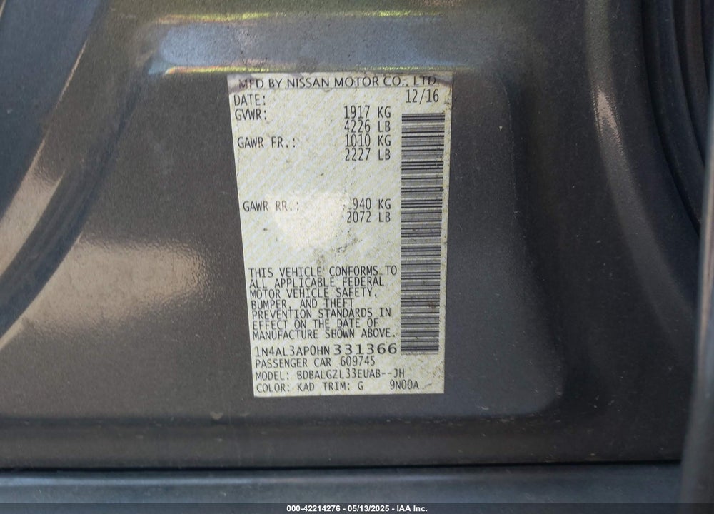 2017 NISSAN ALTIMA 2.5 S VIN: 1N4AL3AP0HN331366