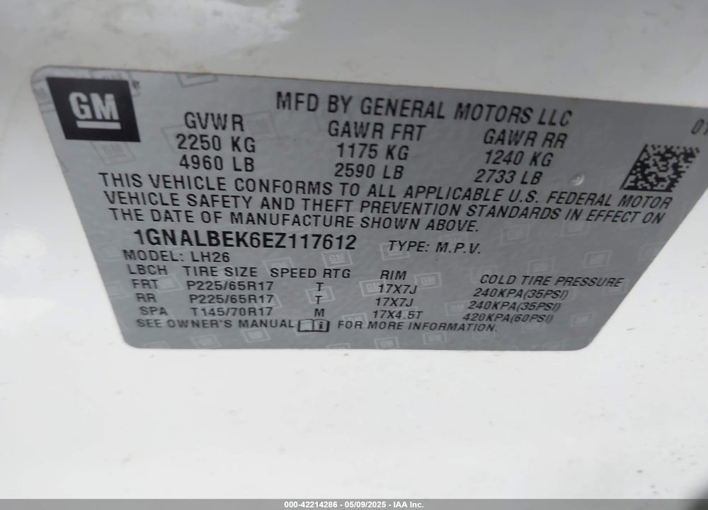 2014 CHEVROLET EQUINOX 1LT VIN: 1GNALBEK6EZ117612
