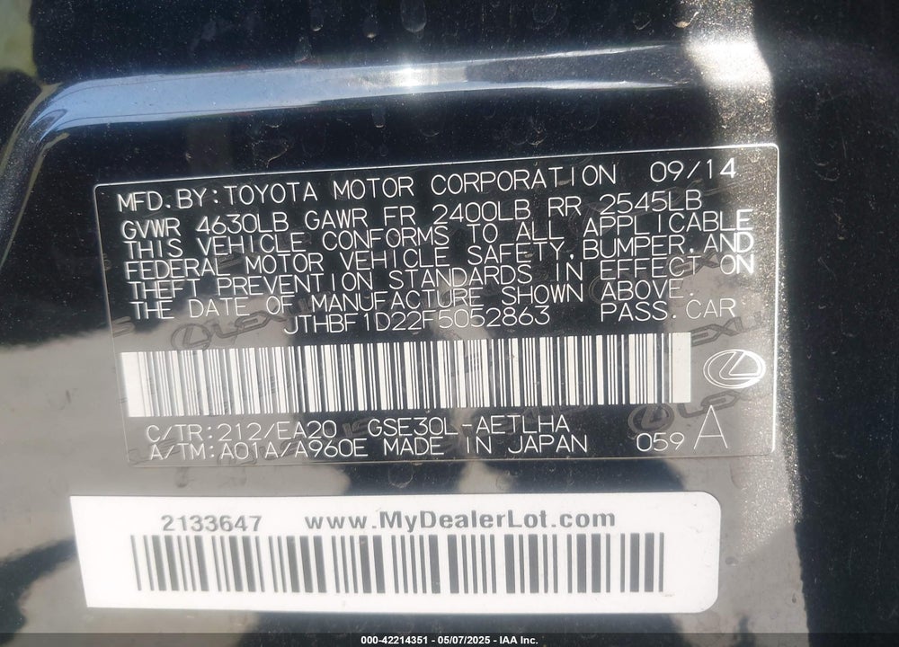 2015 LEXUS IS250 VIN: JTHBF1D22F5052863