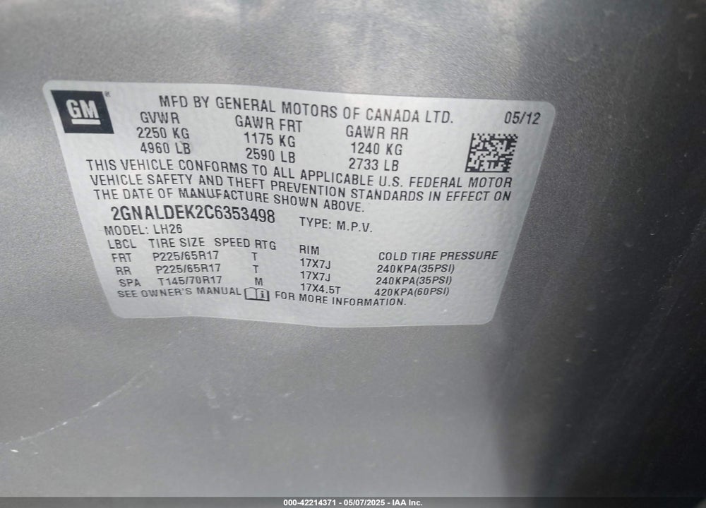 2012 CHEVROLET EQUINOX 1LT VIN: 2GNALDEK2C6353498
