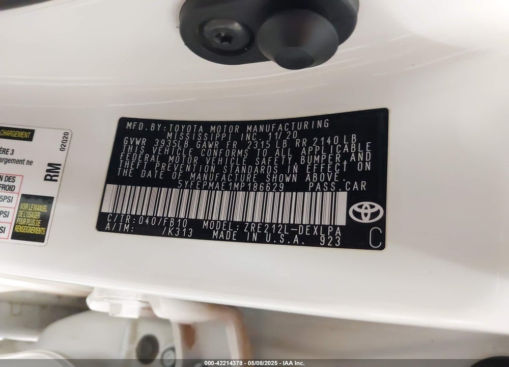 2021 TOYOTA COROLLA VIN: 5YFEPMAE1MP186629