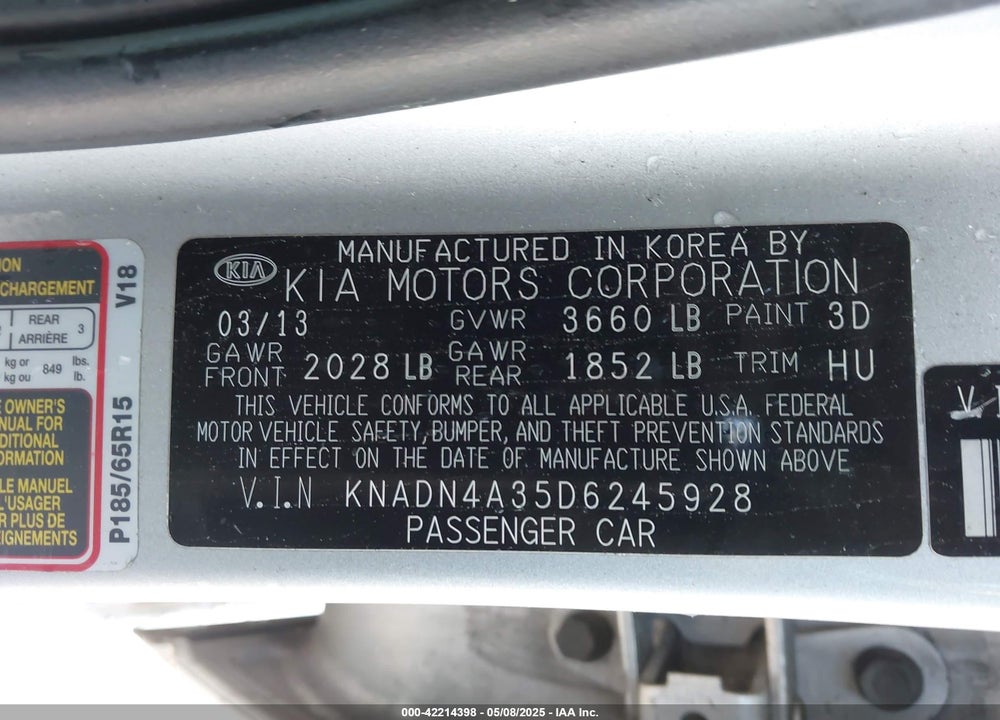 2013 KIA RIO VIN: KNADN4A35D6245928