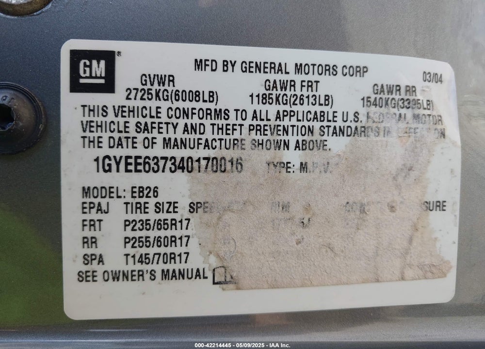 2004 CADILLAC SRX VIN: 1GYEE637340170016
