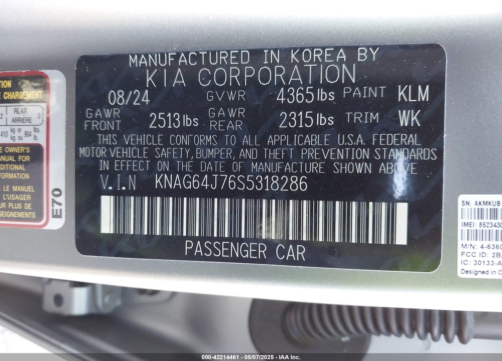 2025 KIA K5 GT LINE VIN: KNAG64J76S5318286
