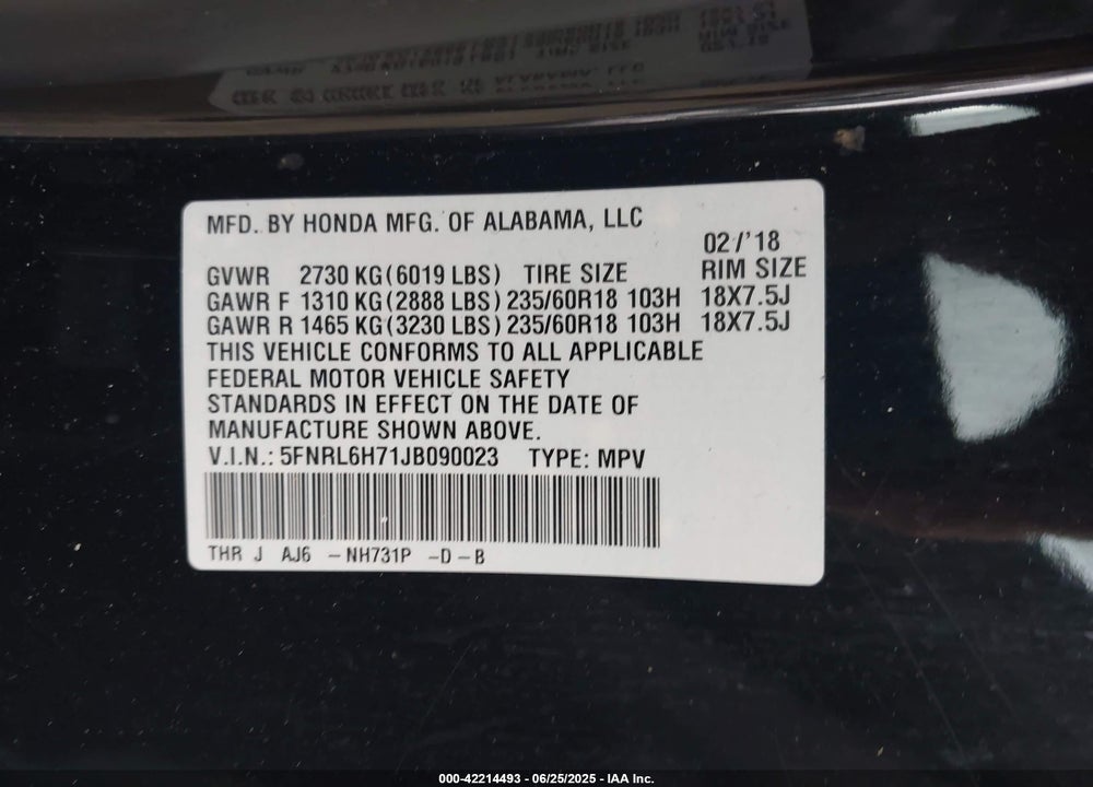 2018 HONDA ODYSSEY EX-L VIN: 5FNRL6H71JB090023