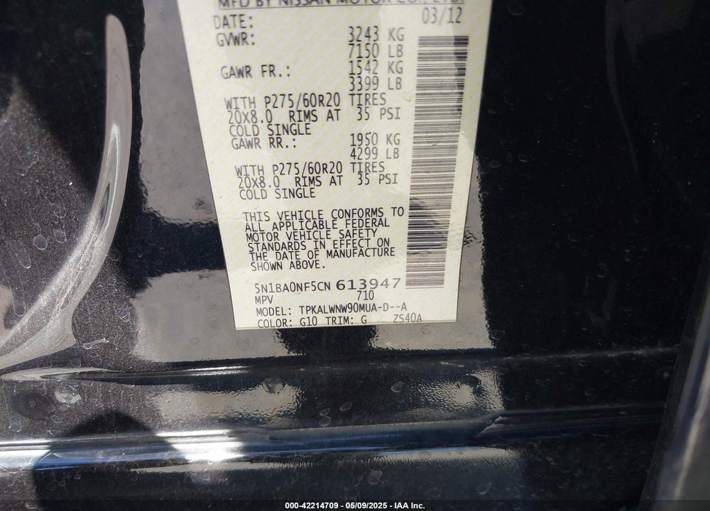 2012 NISSAN ARMADA VIN: 5N1BA0NF5CN613947