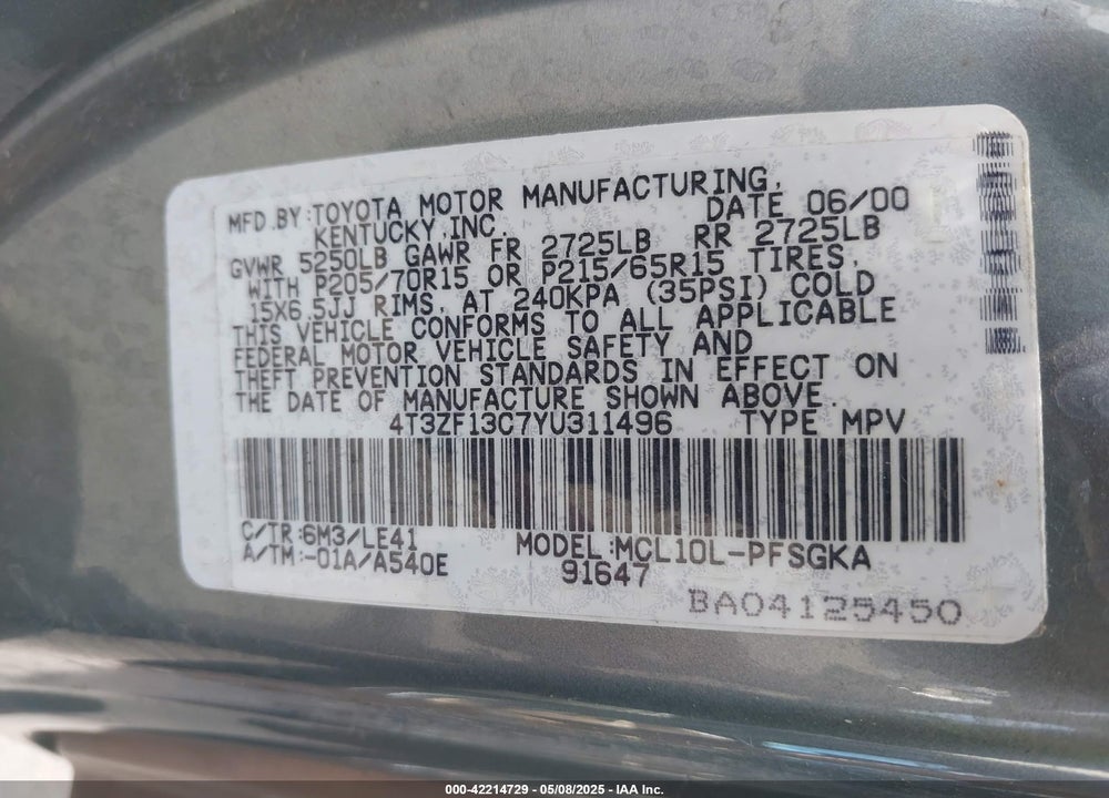 2000 TOYOTA SIENNA XLE VIN: 4T3ZF13C7YU311496