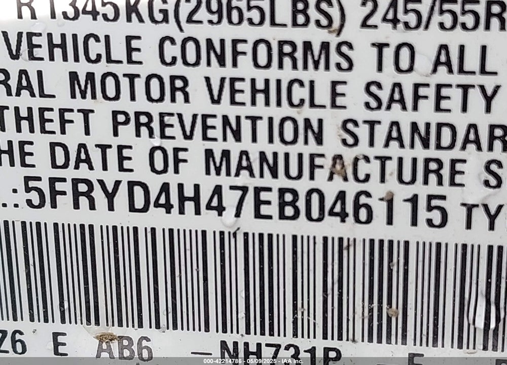 2014 ACURA MDX VIN: 5FRYD4H47EB046115